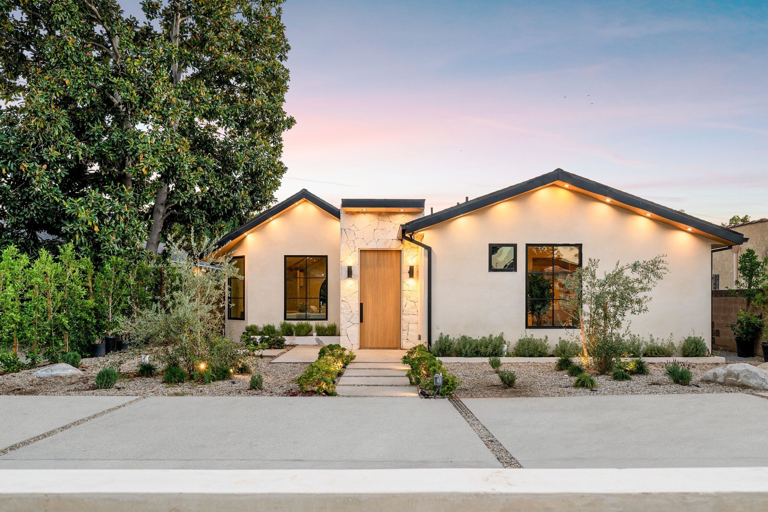 Modern,Single-story,House,With,A,Minimalist,Garden,At,Sunset,,Featuring