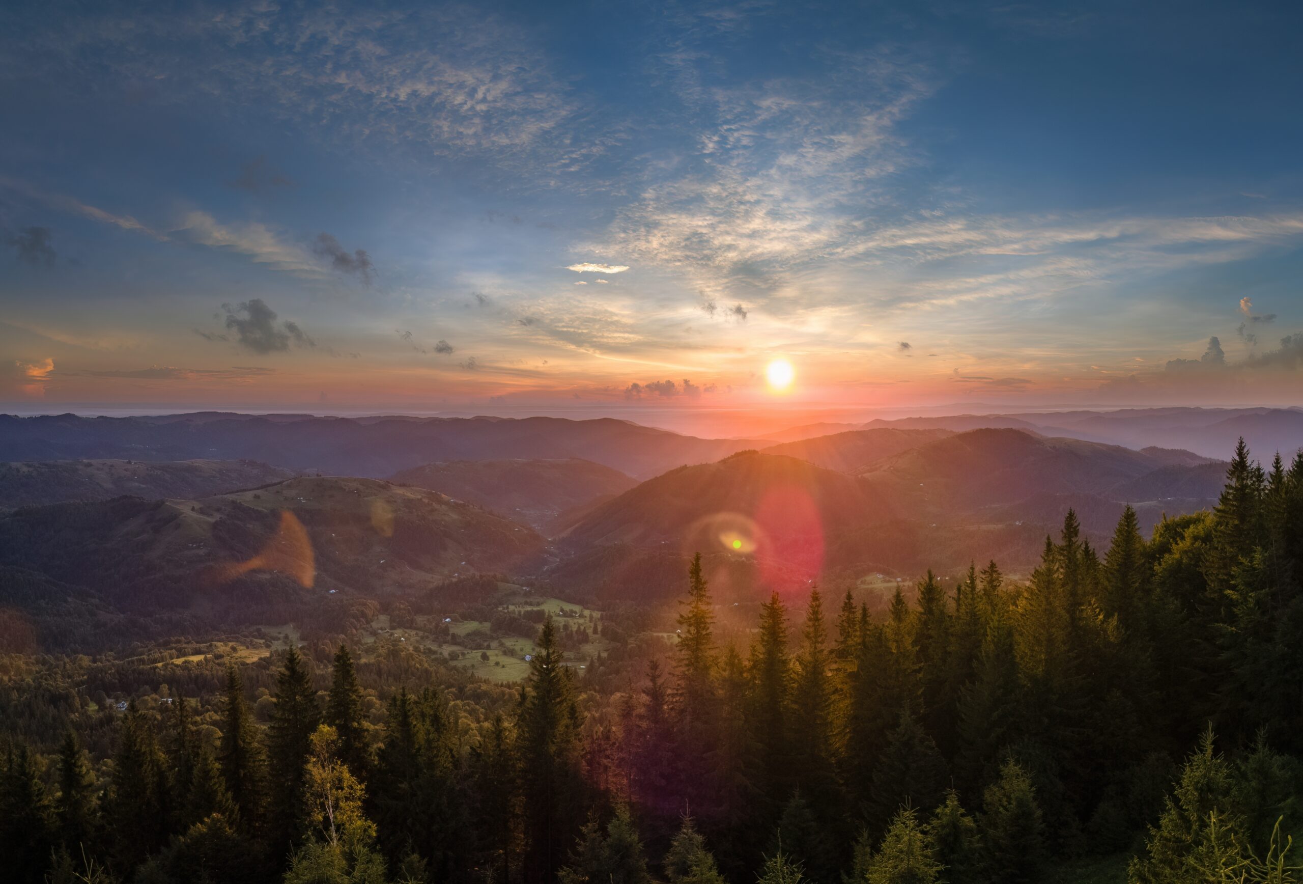 Colorful,Sunset,In,Wild,Mountains.,Dark,Pine,Forest,Illuminated,With